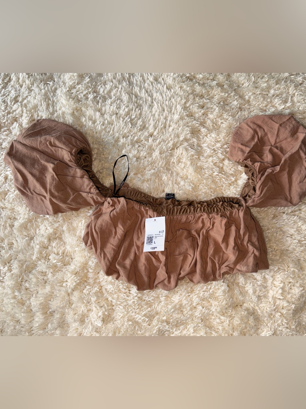 Forever 21 Camel Off-Shoulder Ruched Crop Top
